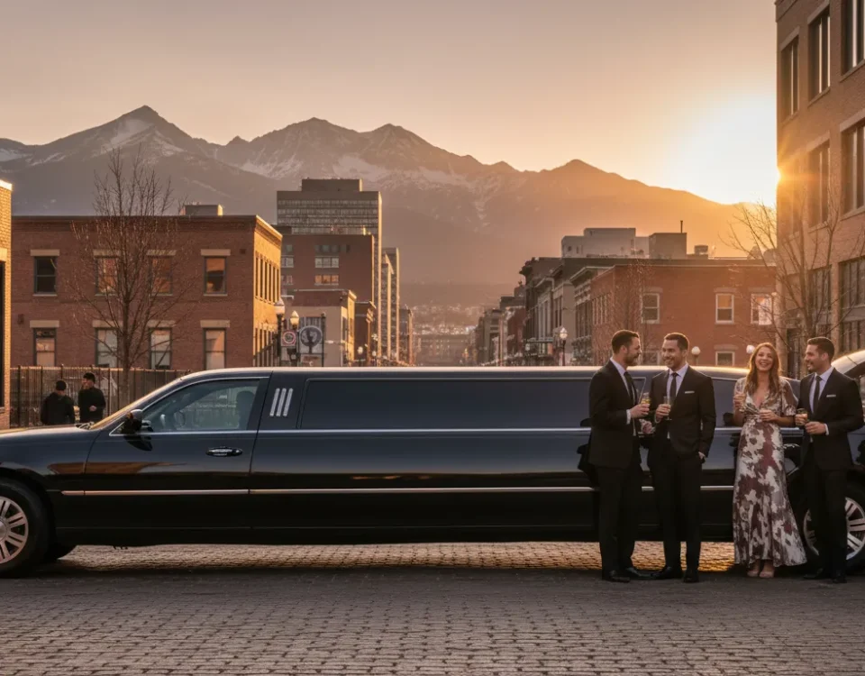 Black limousine in downtown Denver at golden hour