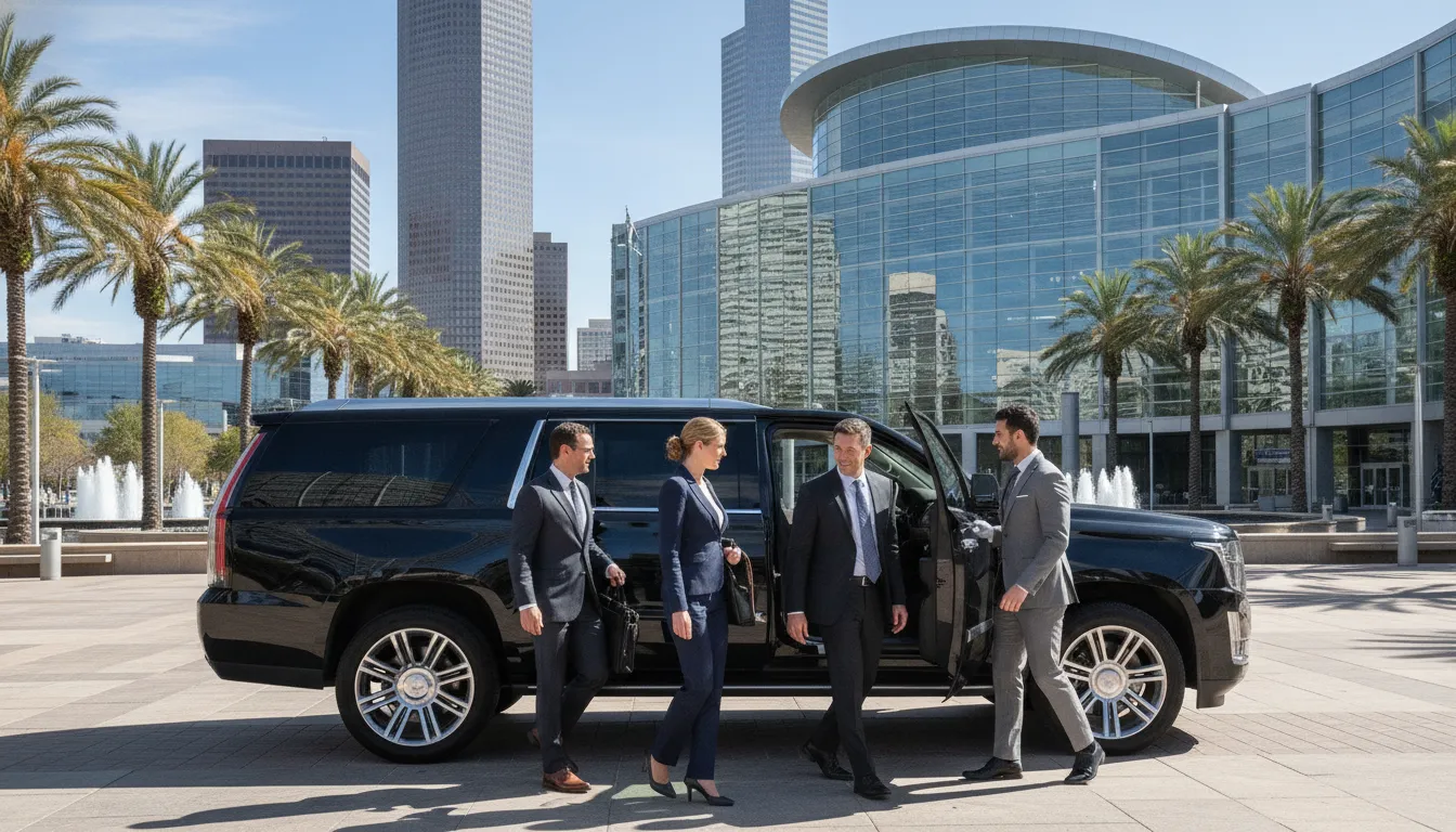 Executive group arriving by chauffeured SUV at a Denver convention center