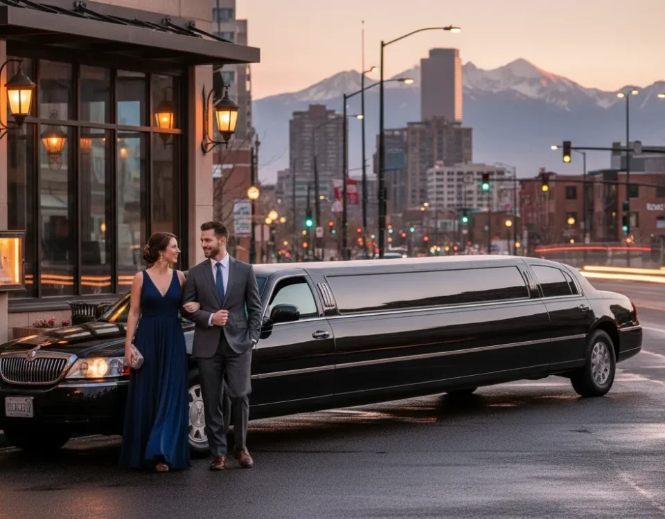 Denver date night limo outside an evening restaurant