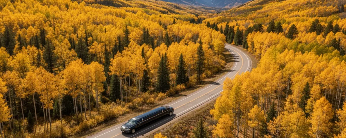 Black limousine on a Colorado road surrounded by golden fall foliage