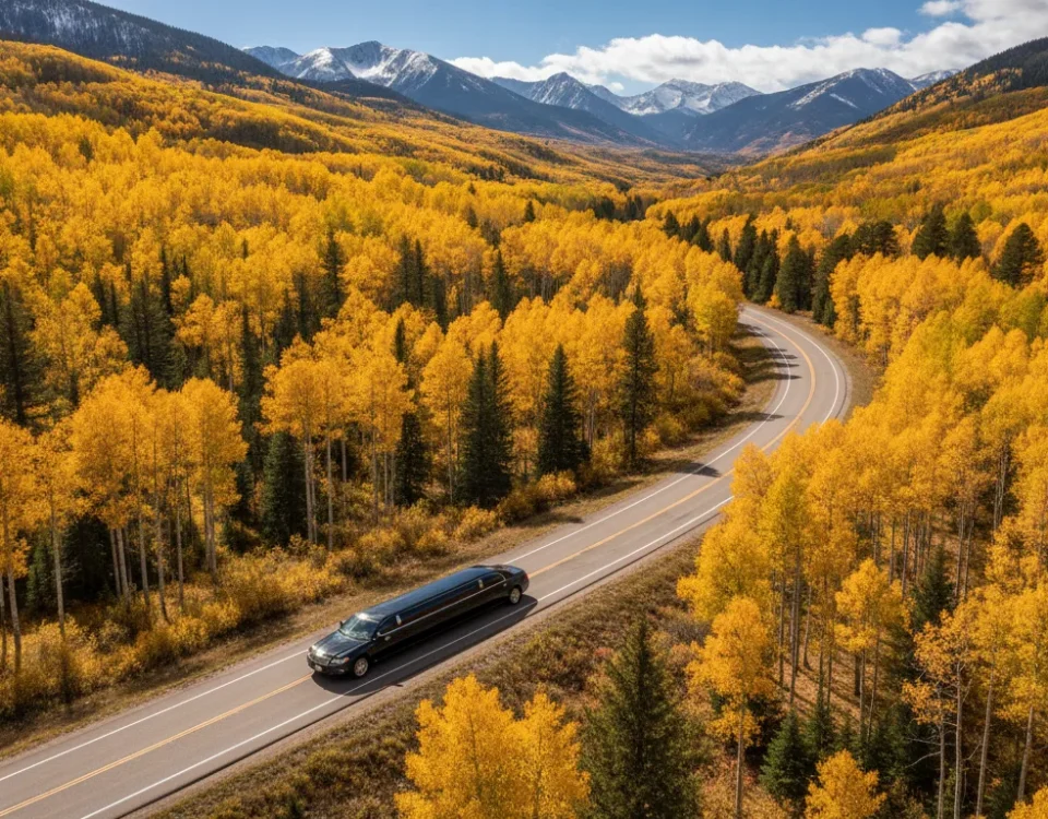 Black limousine on a Colorado road surrounded by golden fall foliage