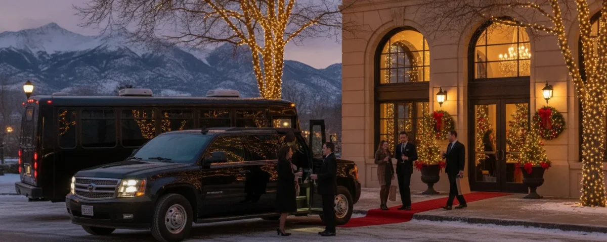Luxury group transportation arriving at a Denver holiday party