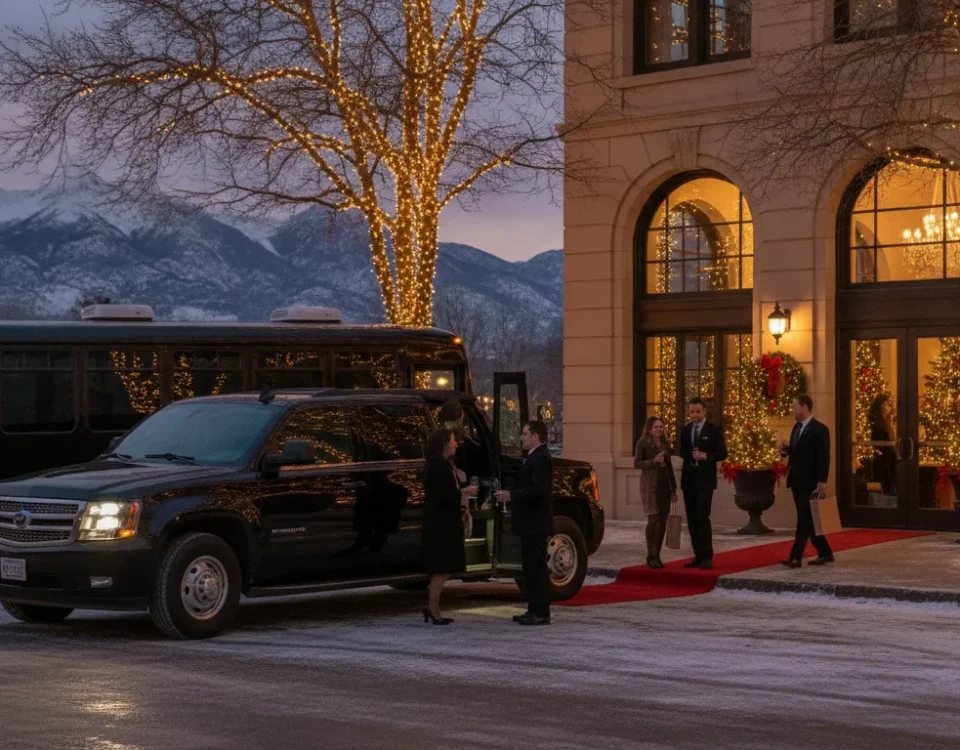 Luxury group transportation arriving at a Denver holiday party