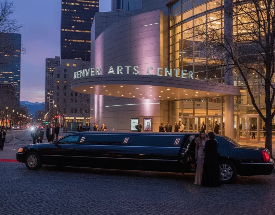 Luxury limousine arriving near a downtown Denver theater