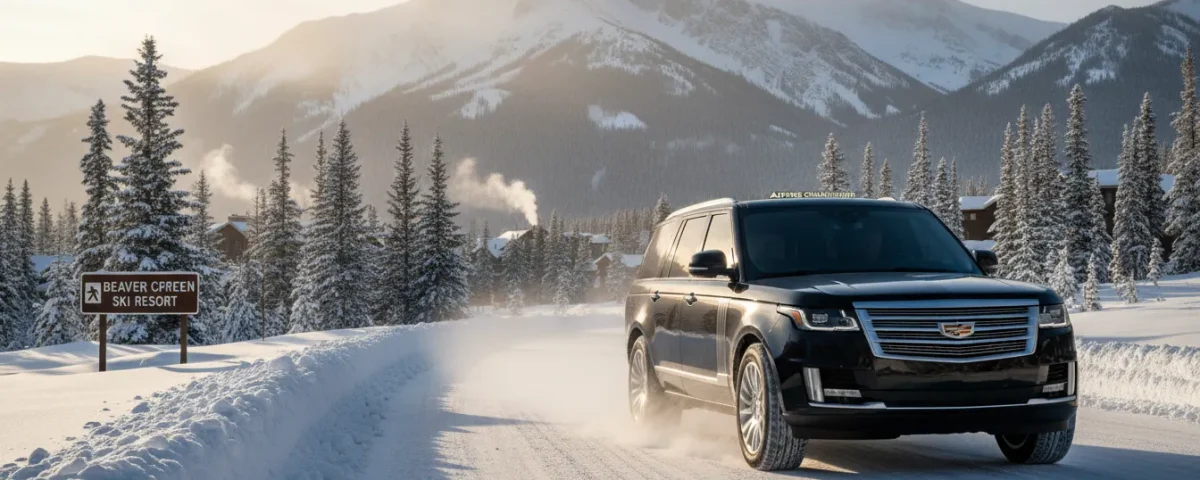 Luxury black SUV traveling toward Beaver Creek in winter