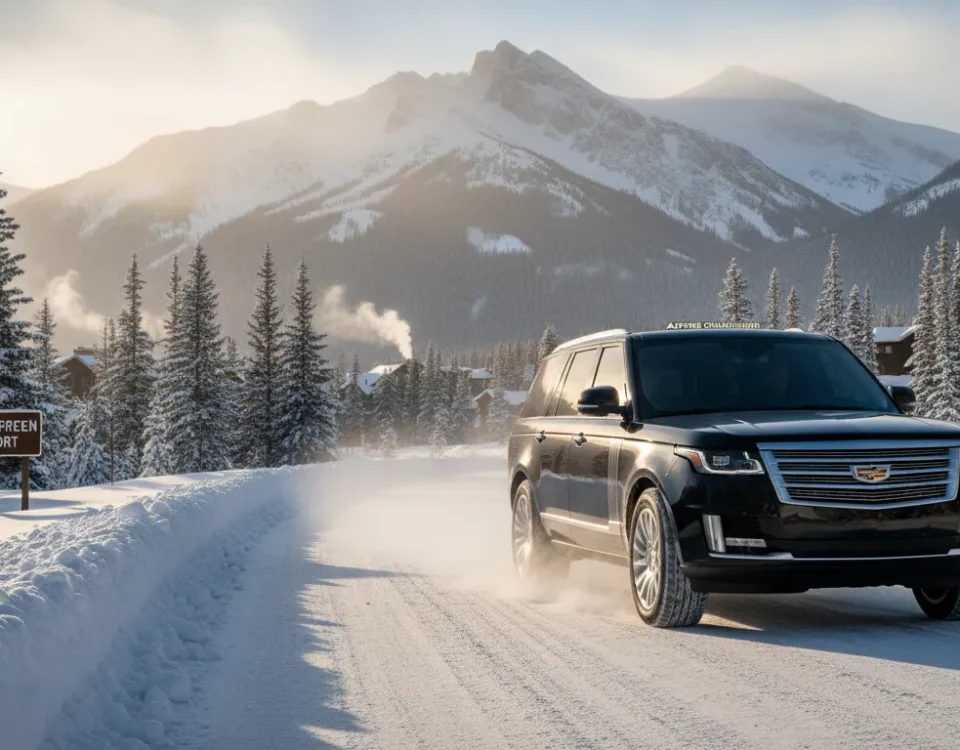 Luxury black SUV traveling toward Beaver Creek in winter