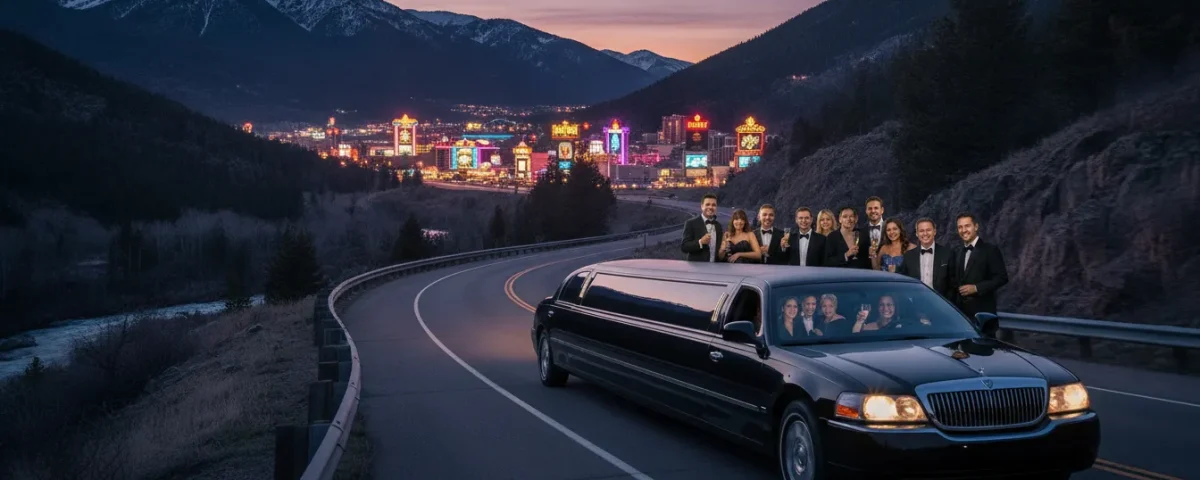 Luxury limousine traveling toward Black Hawk casinos at dusk