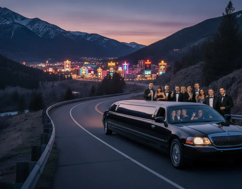 Luxury limousine traveling toward Black Hawk casinos at dusk