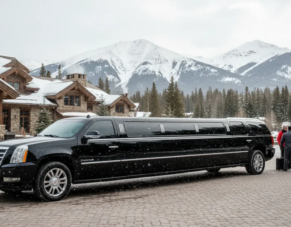 Premium black SUV limousine for a winter mountain transfer