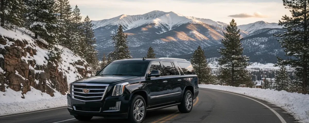 Black executive SUV traveling through the Colorado mountains toward Estes Park