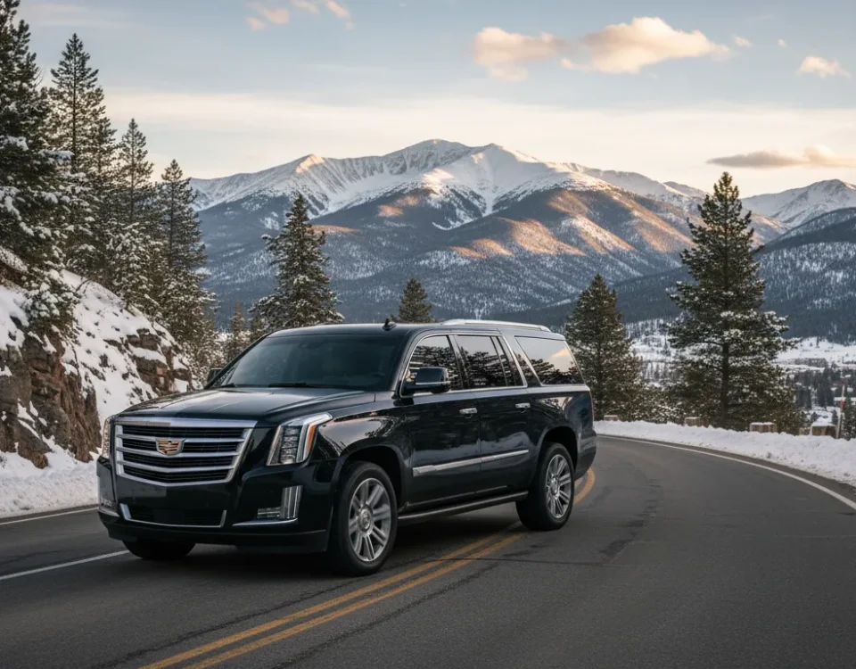 Black executive SUV traveling through the Colorado mountains toward Estes Park