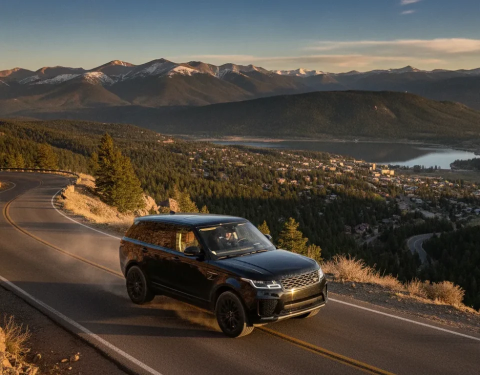 Black private SUV traveling toward Evergreen Colorado