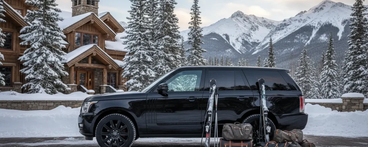 Private Denver to Keystone limo service vehicle at a snowy Colorado ski lodge