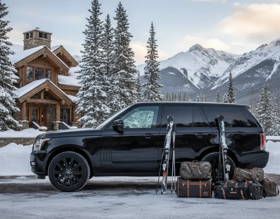 Private Denver to Keystone limo service vehicle at a snowy Colorado ski lodge