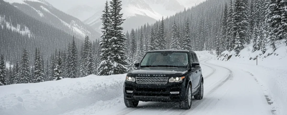 Black luxury SUV traveling on a snowy Colorado mountain road