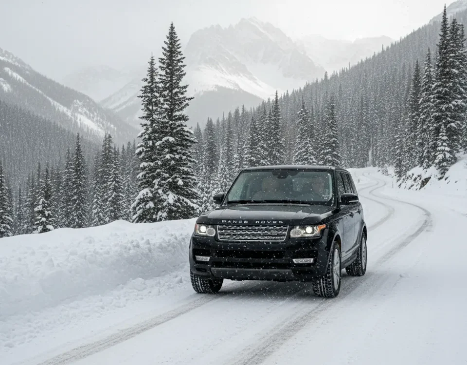 Black luxury SUV traveling on a snowy Colorado mountain road