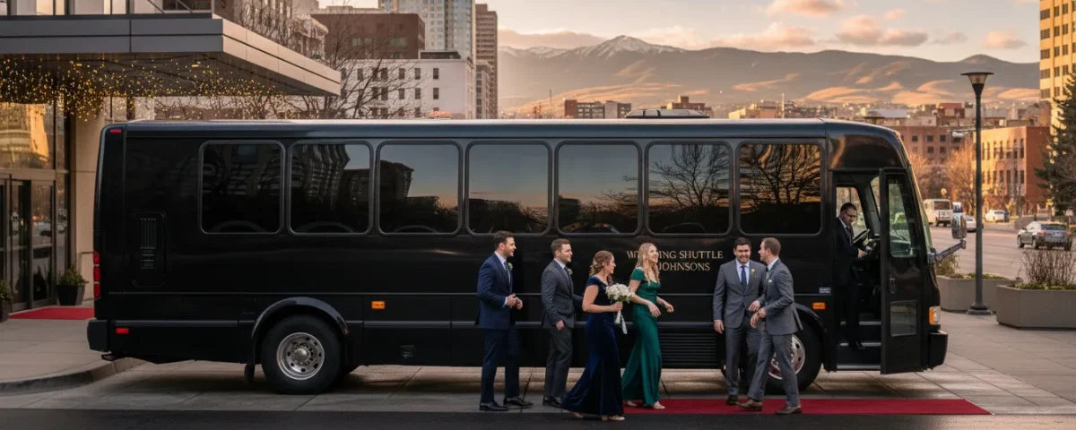 Wedding guests boarding elegant group transportation outside a Denver hotel