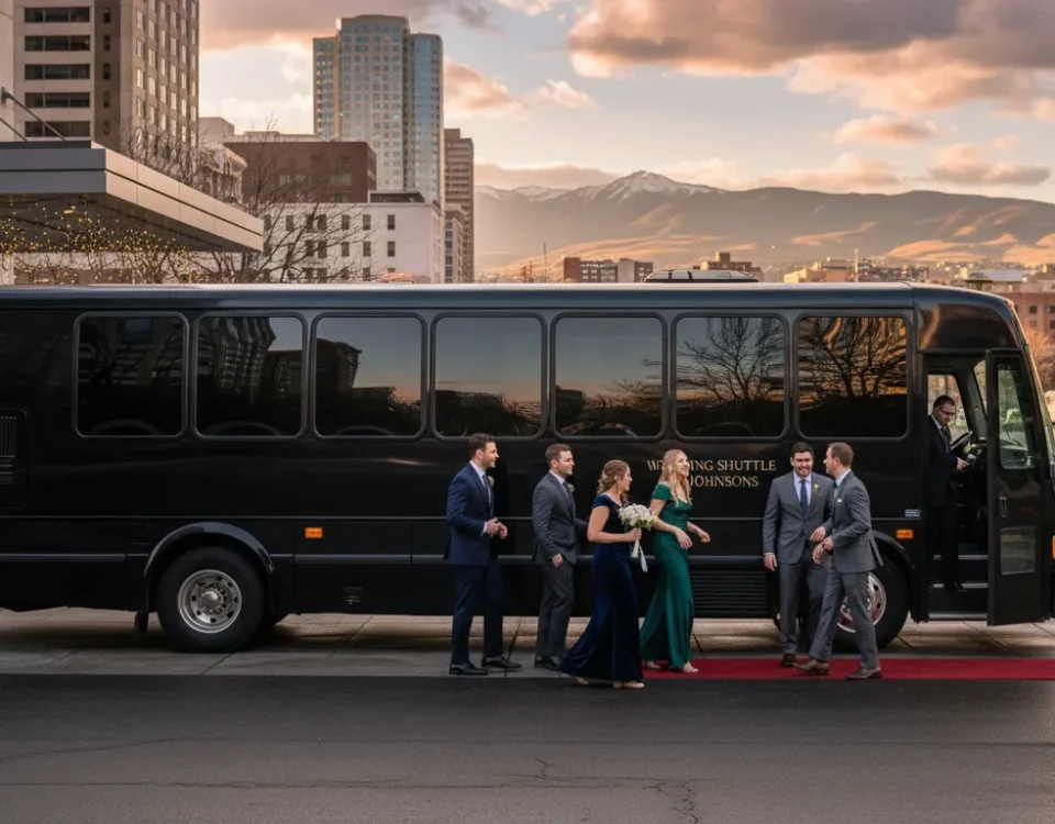 Wedding guests boarding elegant group transportation outside a Denver hotel