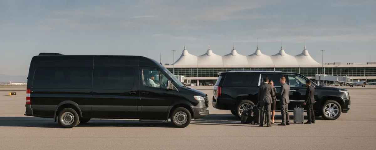 Group transportation to Denver airport with a black Sprinter van and luxury SUV