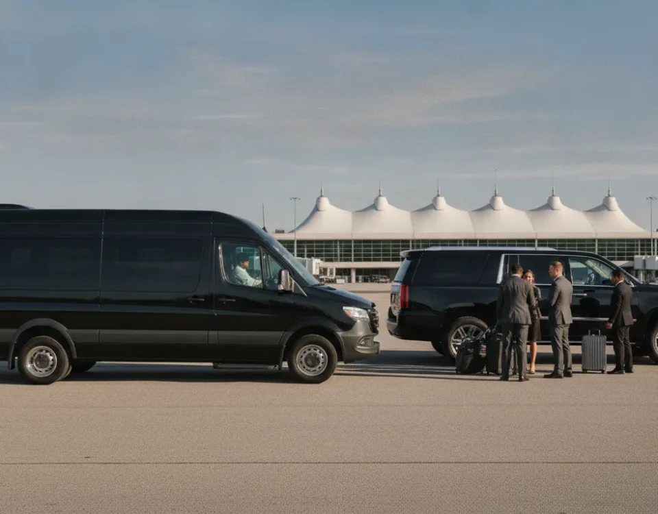 Group transportation to Denver airport with a black Sprinter van and luxury SUV