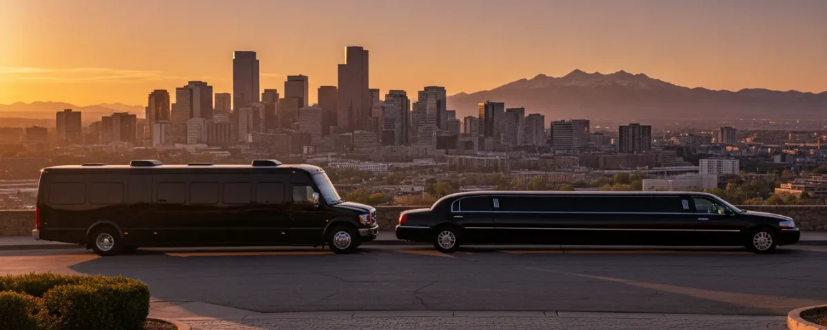 Party bus and limousine parked near the Denver skyline