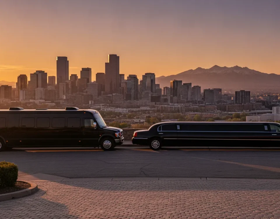 Party bus and limousine parked near the Denver skyline