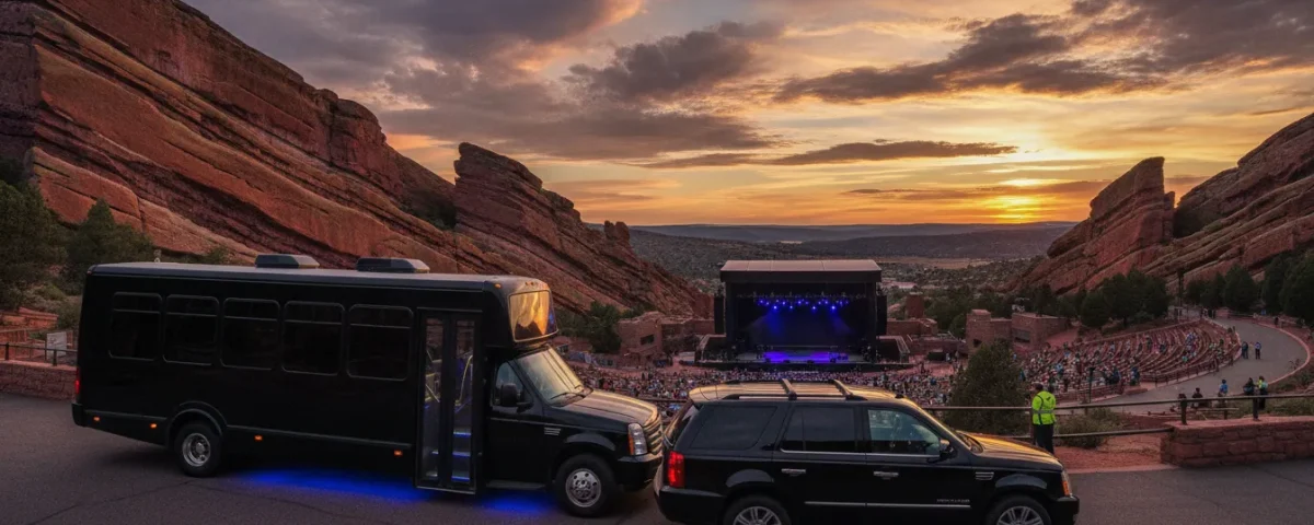 Luxury transportation arriving at Red Rocks Amphitheatre at sunset