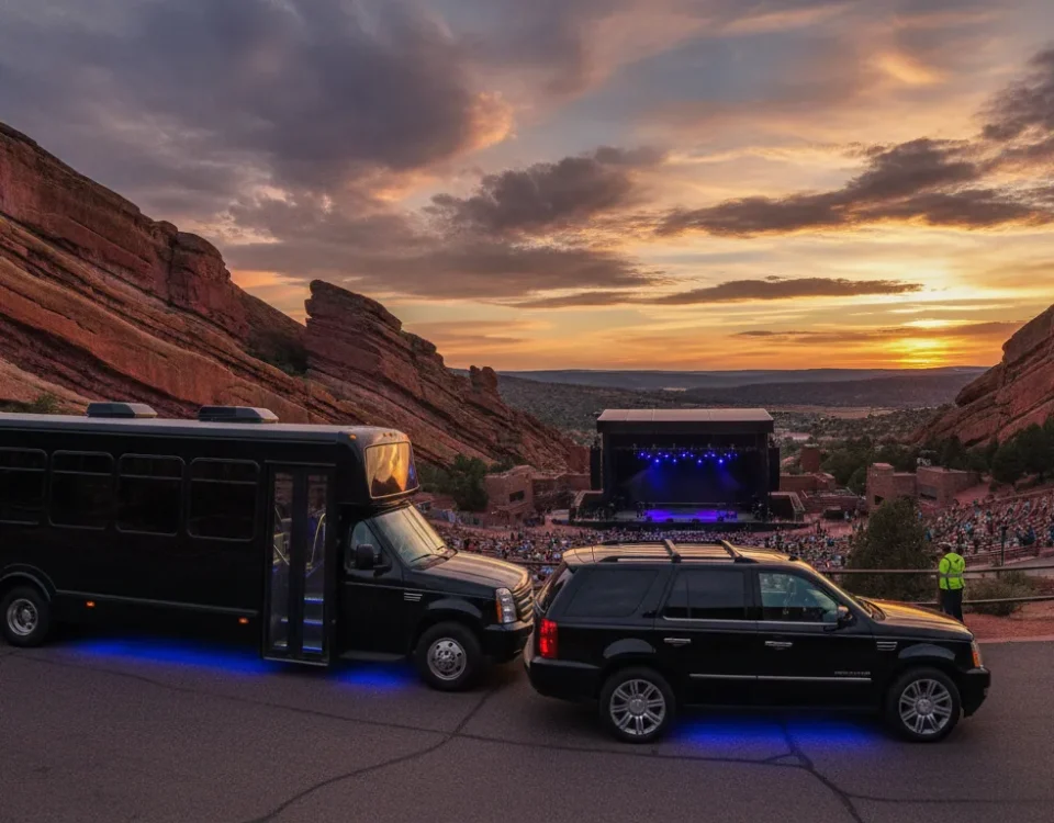 Luxury transportation arriving at Red Rocks Amphitheatre at sunset