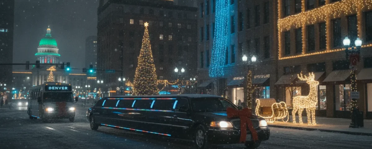 Luxury limousine driving past brightly lit Denver holiday displays at night, festive Christmas lights, snowy winter scene