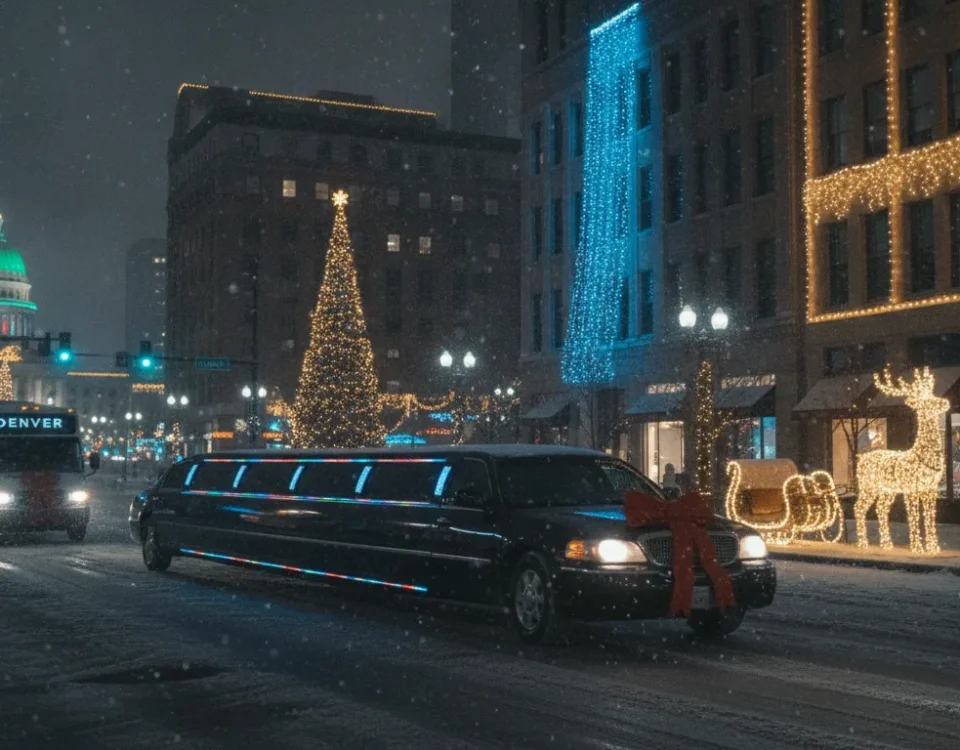 Luxury limousine driving past brightly lit Denver holiday displays at night, festive Christmas lights, snowy winter scene