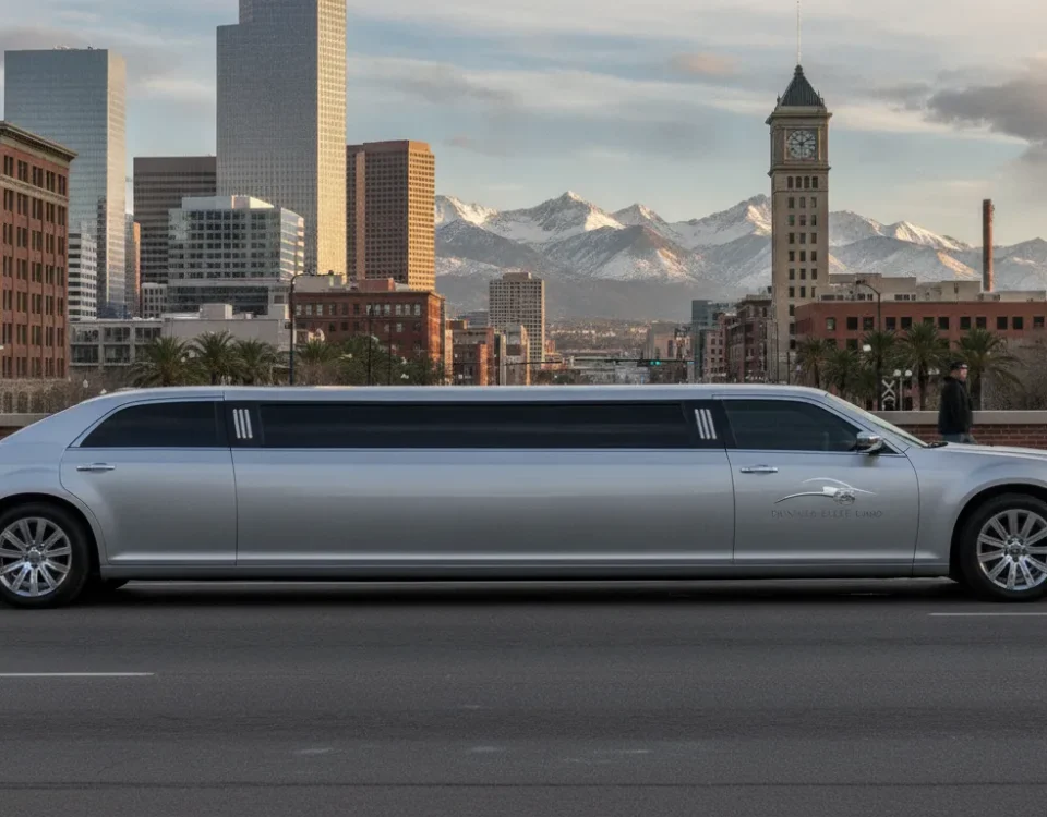 Silver Chrysler 300 stretch limousine in downtown Denver