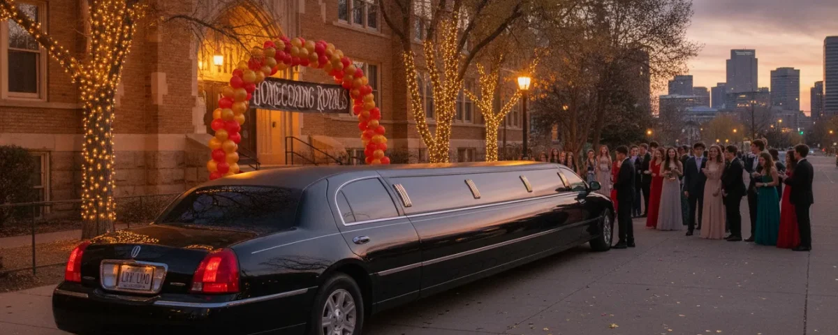 Black stretch limousine parked outside a Denver high school for homecoming
