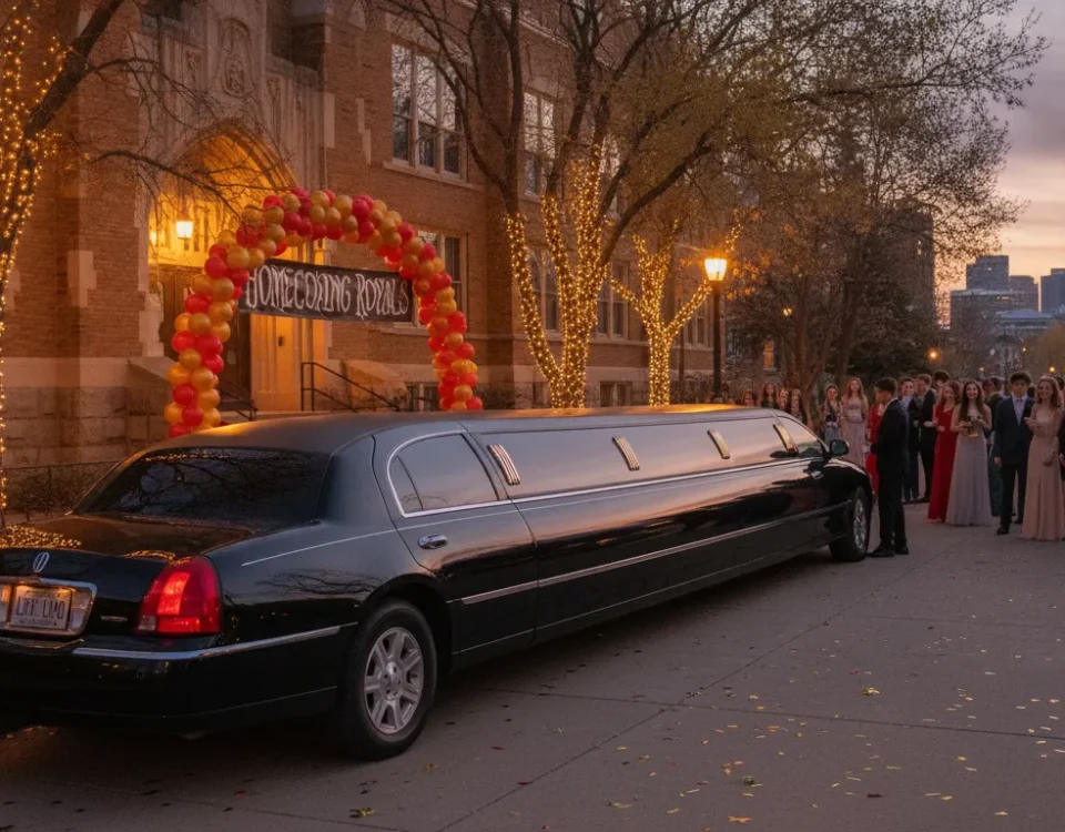 Black stretch limousine parked outside a Denver high school for homecoming
