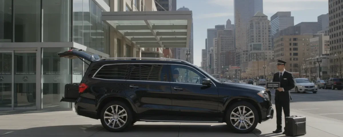 Black luxury SUV waiting outside a Denver hotel for airport transfer to DIA