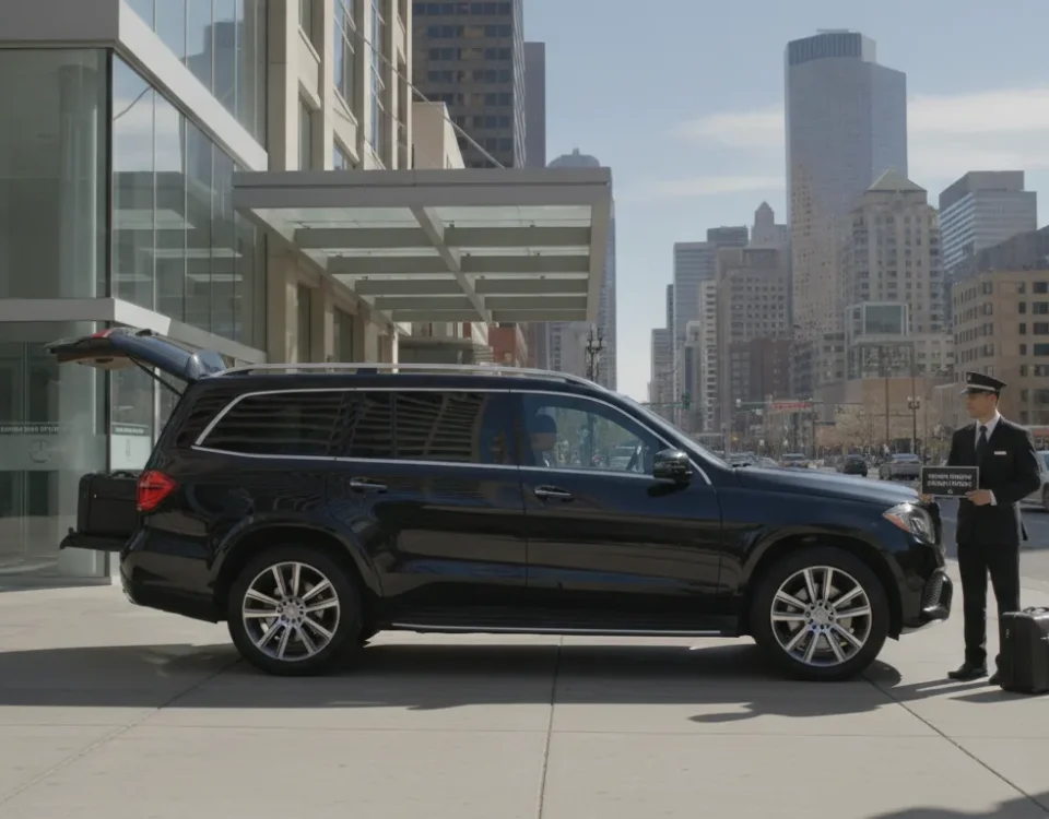 Black luxury SUV waiting outside a Denver hotel for airport transfer to DIA