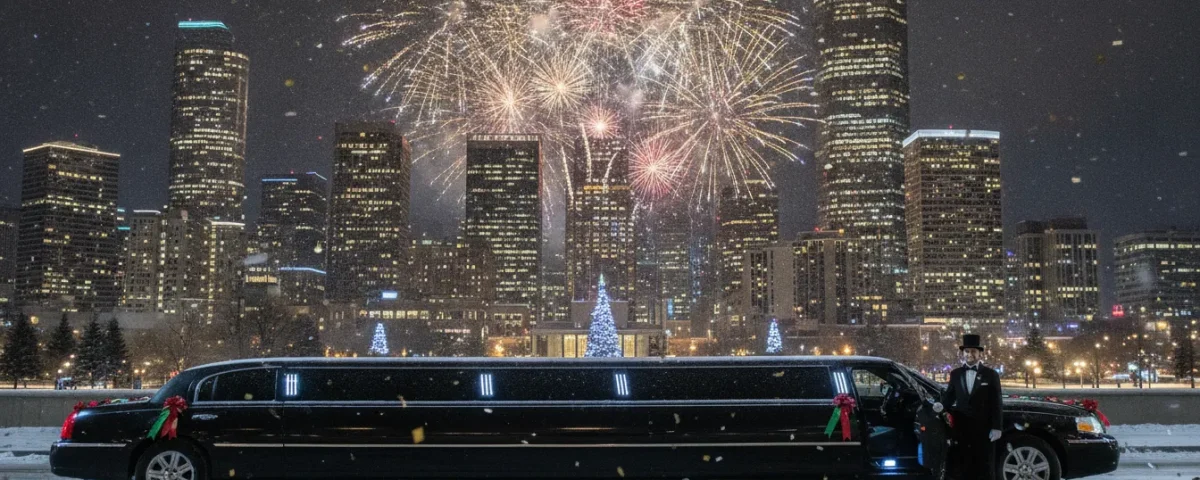 Luxury stretch limousine and party bus under Denver skyline with festive holiday lights and fireworks