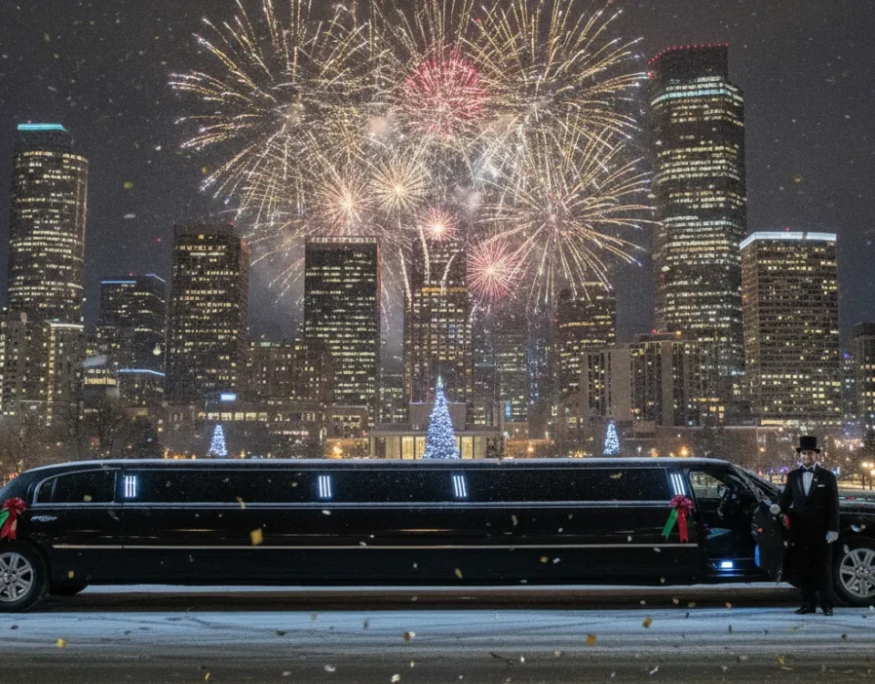 Luxury stretch limousine and party bus under Denver skyline with festive holiday lights and fireworks