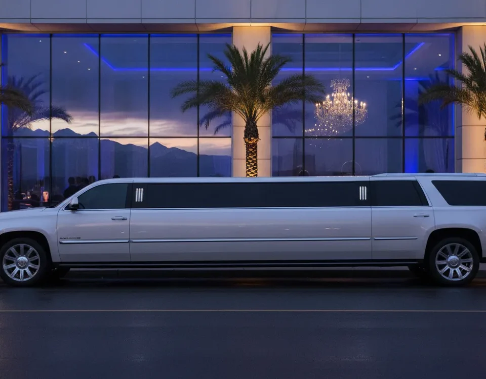 Luxurious Cadillac Escalade stretch limousine parked in Denver