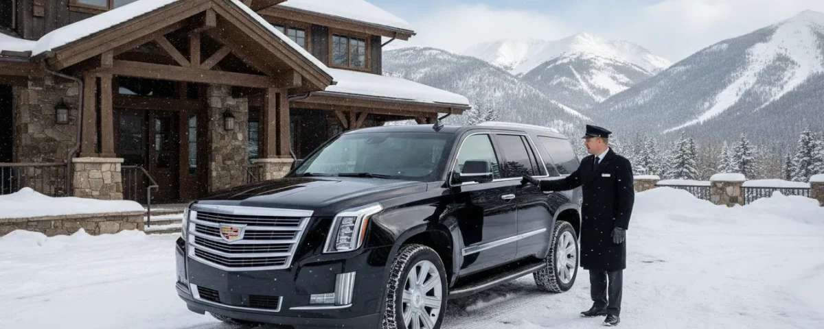 Luxury black SUV with chauffeur at a snowy mountain resort entrance