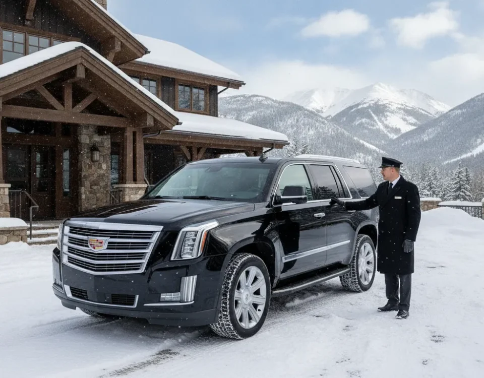 Luxury black SUV with chauffeur at a snowy mountain resort entrance