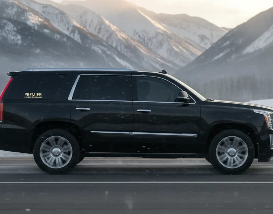 Luxury black Cadillac Escalade driving on snow-covered I-70 mountain highway near Vail Colorado