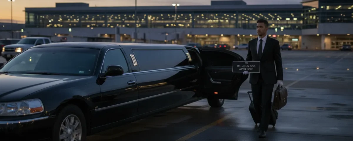 Black luxury stretch limousine at Denver International Airport terminal pickup with professional chauffeur