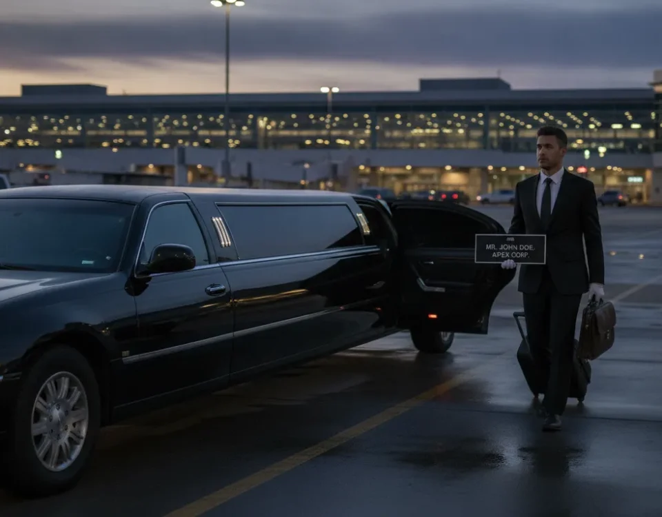 Black luxury stretch limousine at Denver International Airport terminal pickup with professional chauffeur