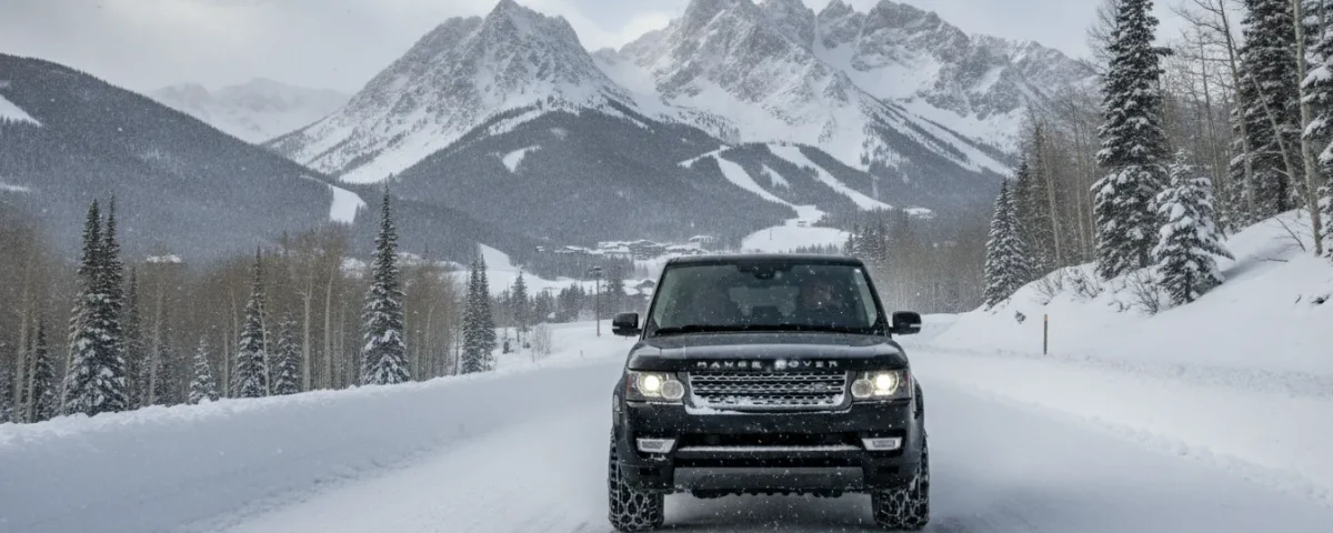 Black luxury SUV driving through snowy Colorado mountains toward Vail