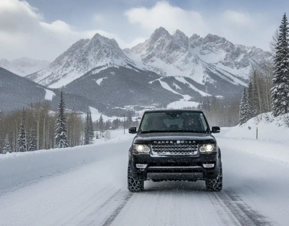 Black luxury SUV driving through snowy Colorado mountains toward Vail