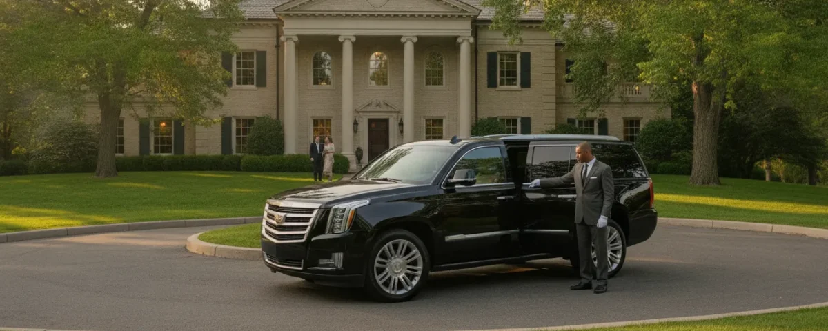 Luxury black Cadillac Escalade chauffeur service at an elegant Cherry Hills estate with professional driver