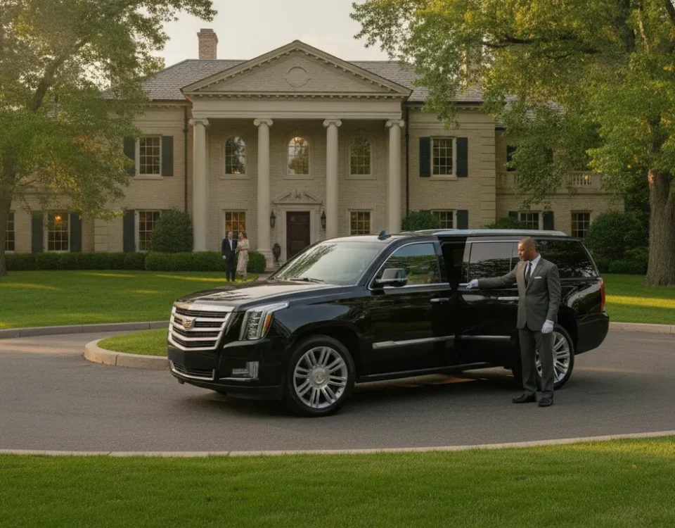 Luxury black Cadillac Escalade chauffeur service at an elegant Cherry Hills estate with professional driver