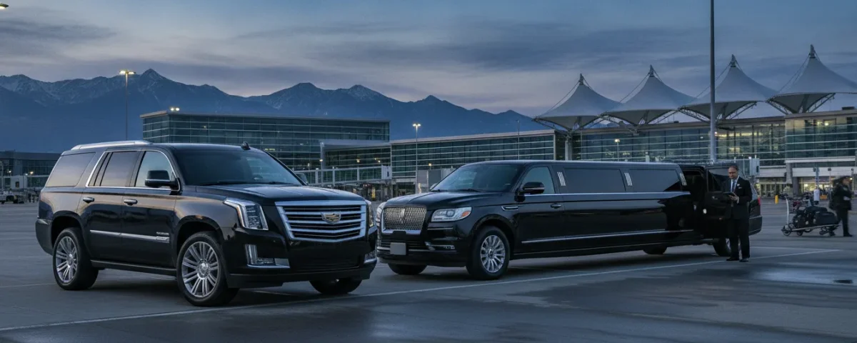 Luxury limousine and SUV ready for an early morning Denver airport ride