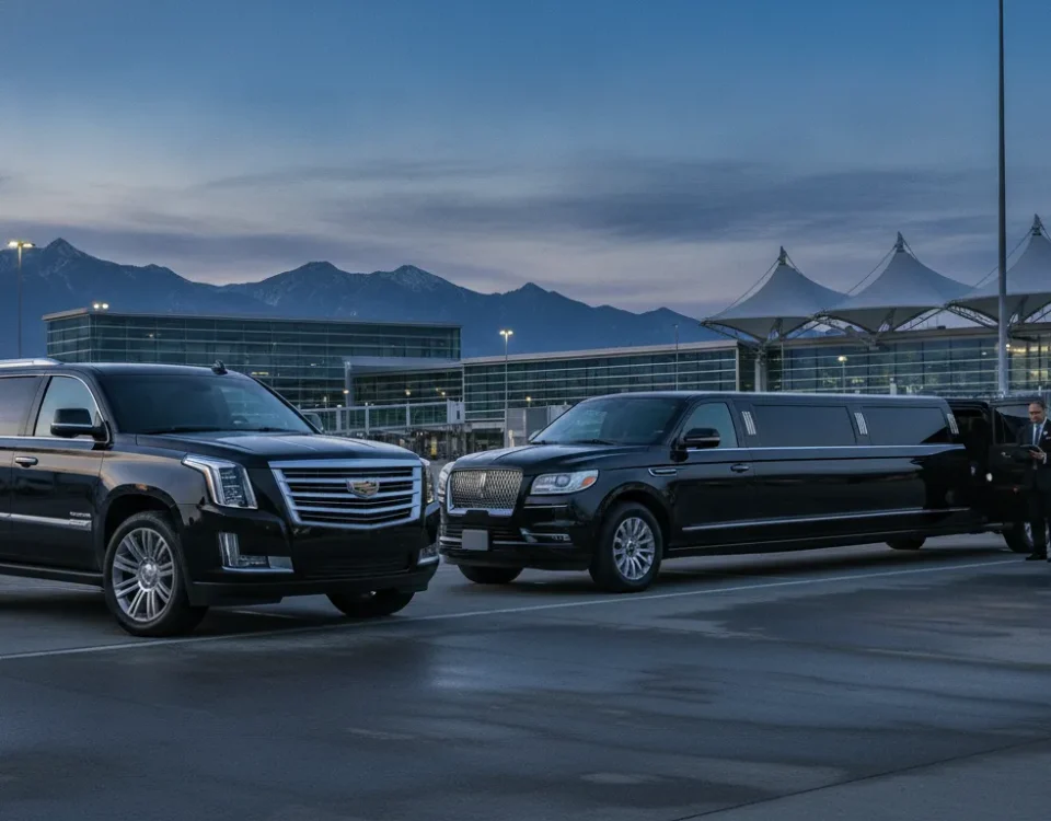 Luxury limousine and SUV ready for an early morning Denver airport ride