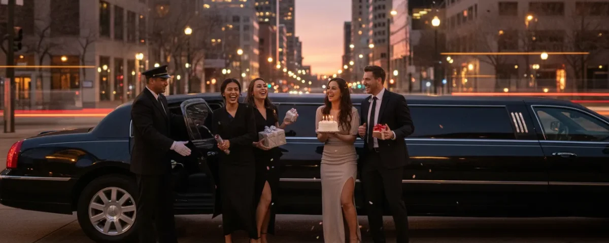 Luxury black stretch limousine with a chauffeur welcoming a birthday group in downtown Denver at dusk